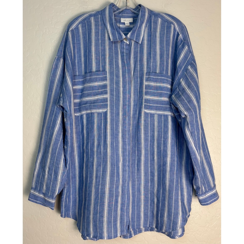 J. Jill Love Linen Blue White Striped Button Down‎ Shirt Large Oversized 2352